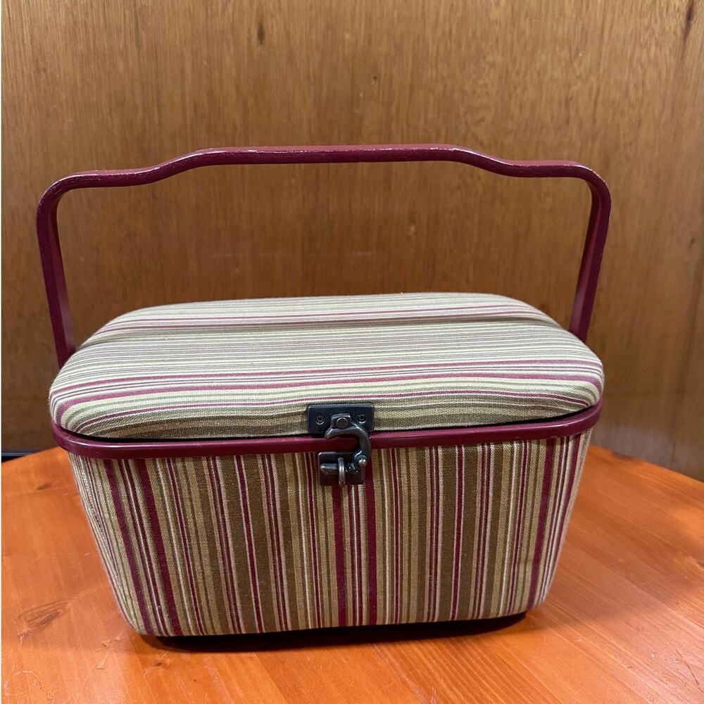 Vintage Striped Fabric Covered Sewing Box/Tote with Lining and Tray